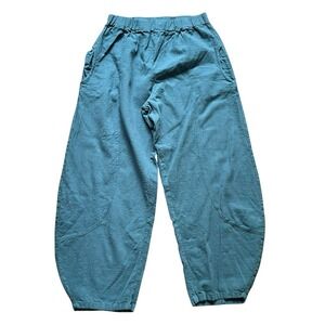 IXIMO Linen Blend Wide Leg Barrel Pants Blue Textured Lagenlook Balloon, Large